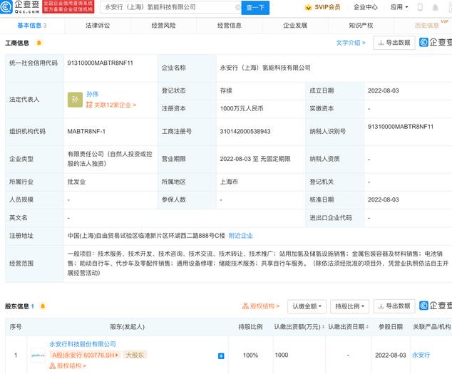 注冊(cè)資本1000萬元,永安行成立氫能科技公司 注冊(cè)資本1000萬元,永安行成立氫能科技公司